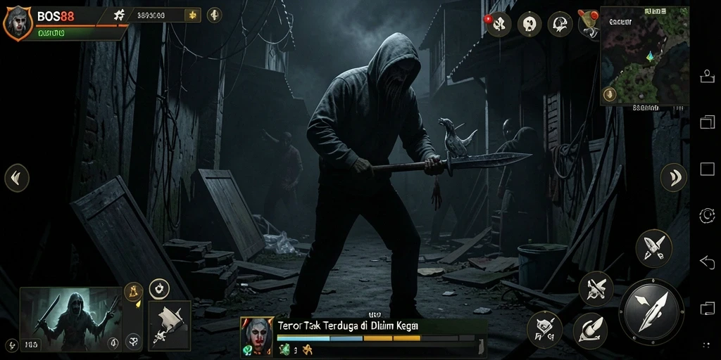 Screenshot gameplay <strong>BOS88</strong> yang menampilkan suasana kelam dan mencekam.