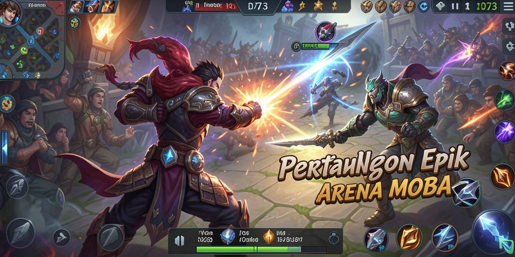 Screenshot gameplay D73 menampilkan aksi pertarungan yang intens di arena MOBA.