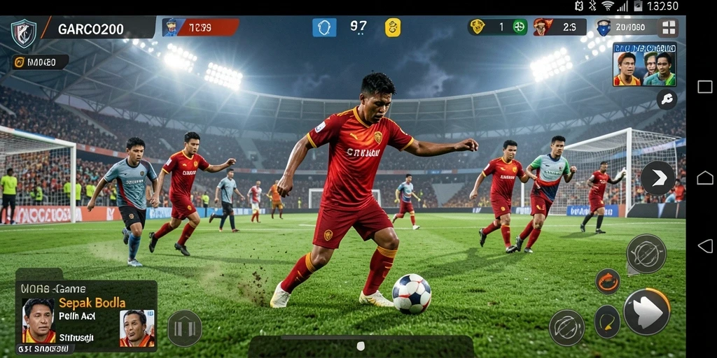 Tampilan gameplay intens dalam GARCO200, penuh aksi sepak bola.