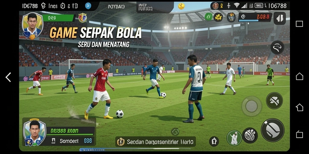 Screenshot gameplay ID6788 menunjukkan aksi seru di lapangan sepak bola.