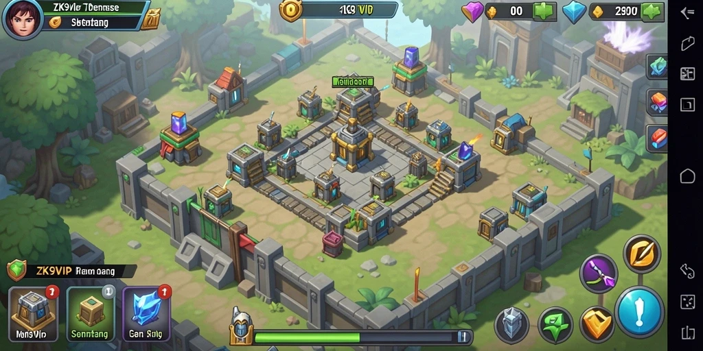 Screenshot gameplay ZK9VIP dengan tower yang siap melawan musuh.
